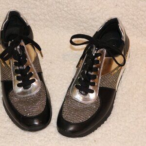 MICHAEL Michael Kors Allie Stride Leather and Glitter Chain-Mesh Trainers
